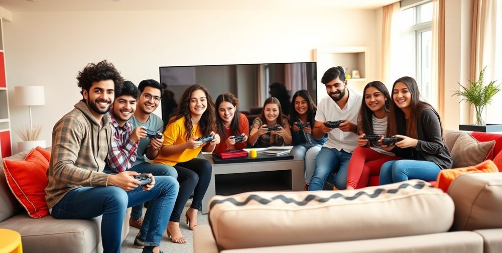 A jubilant group of diverse Persian teenagers and young adults, both male and female, gathered with controllers in hand around a big screen TV. Their faces show genuine excitement and laughter while playing a video game together in a bright, modern living room.