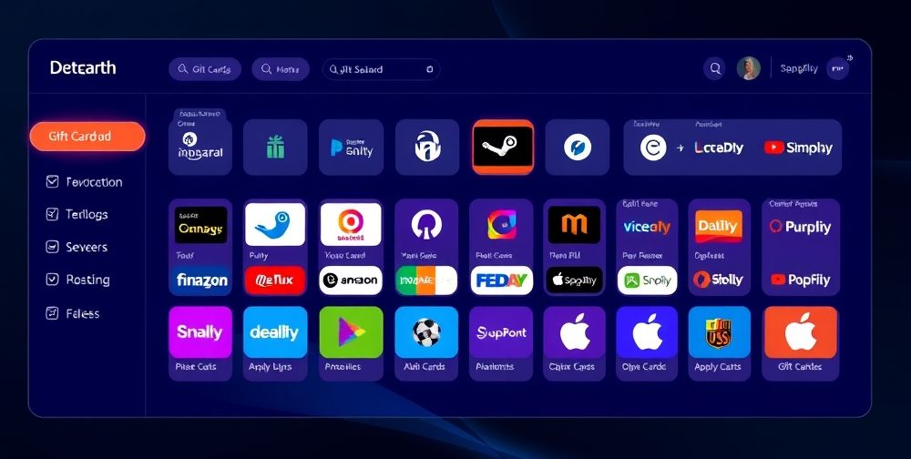 A digital dashboard with various gift card brands retrieved in both Persian and English, showing icons of Amazon, Steam, Apple, and Iranian streaming services, creating a sense of modern variety and accessibility.