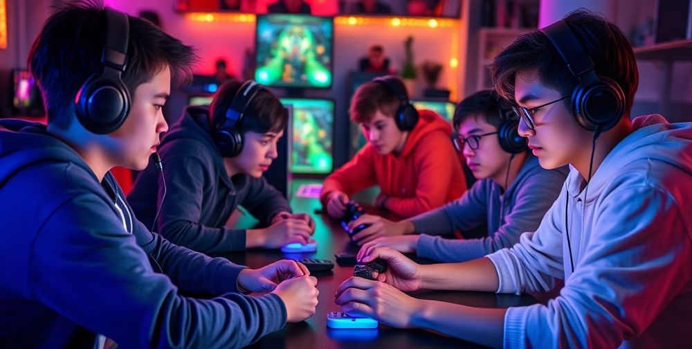 A group of young gamers sitting around computers, colorful LED lights glowing, working together on a strategy game in a cozy room, visible game controllers, and headphones connecting them.