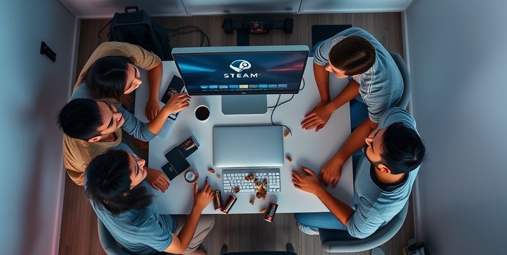 An overhead shot of several friends laughing together while looking at a computer screen, energy drinks and snacks scattered across a tidy gaming desk, with Steam interface visible on a monitor.