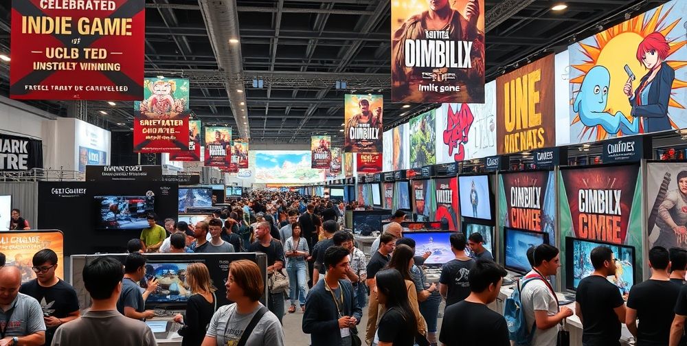 A bustling game expo floor with banners showcasing award-winning indie games, diverse crowds playing on demo stations, developers giving interviews, and vibrant artwork reflecting creative diversity in the indie gaming scene.