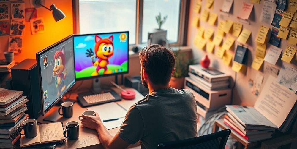 A hopeful scene of an indie game developer watching their colorful game character come to life on screen, surrounded by coffee cups, notebooks, and inspirational post-it notes, symbolizing perseverance and dreams.