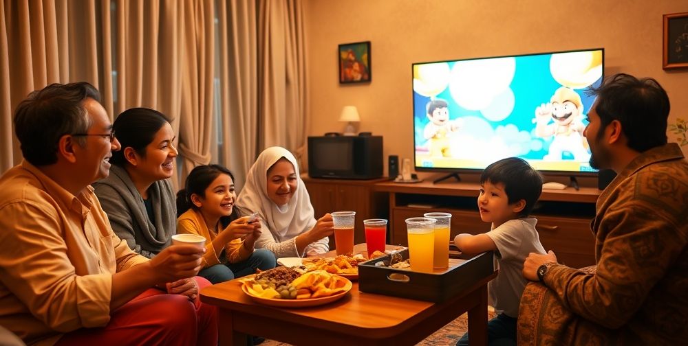 A cozy Persian family setting, parents and children gathered around a TV, playing a Nintendo Switch party game; vibrant joy on faces, snacks on table, warm evening light.