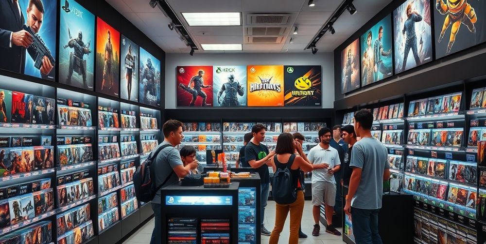 A modern gaming store interior filled with eye-catching game posters, illuminated display stands stacked with PlayStation and Xbox game cases, and a group of young gamers discussing their favorite new releases enthusiastically.