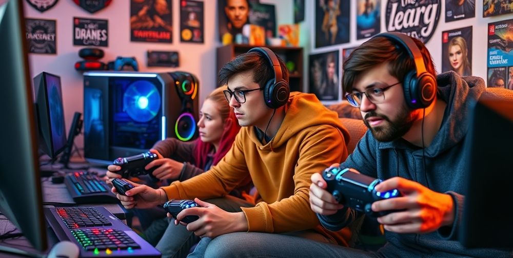 A close-up shot of a diverse group of gamers at home, intently playing on various consoles and PCs with colorful controllers, vibrant RGB lighting, and game merchandise decorating the walls, showing excitement and immersion.
