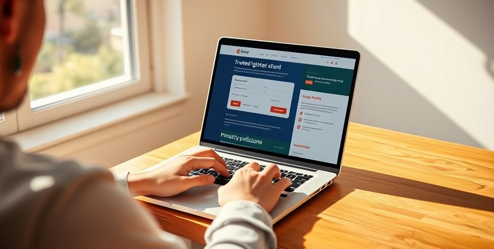 A person using a laptop to redeem a digital gift card on a reputable e-commerce website with visible security features like two-factor authentication, secure checkout icons, and privacy notices. Natural home lighting.