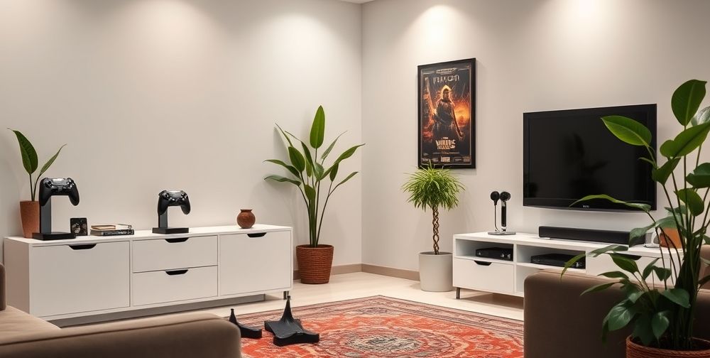 A neat, cozy Persian living room with a sleek gaming setup, showing a few controllers perfectly organized on stylish stands, beside a clean TV unit. Soft ambient light and personal touches like green plants and gaming posters convey a warm, inviting atmosphere that reflects both order and passion for gaming.