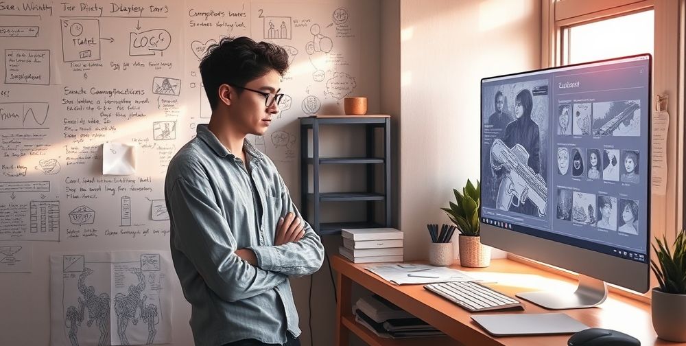 A creative game designer in casual clothes brainstorming with notes on a wall full of sketches, beside a sleek AI-powered computer interface suggesting original gameplay ideas, soft sunlight streaming in.