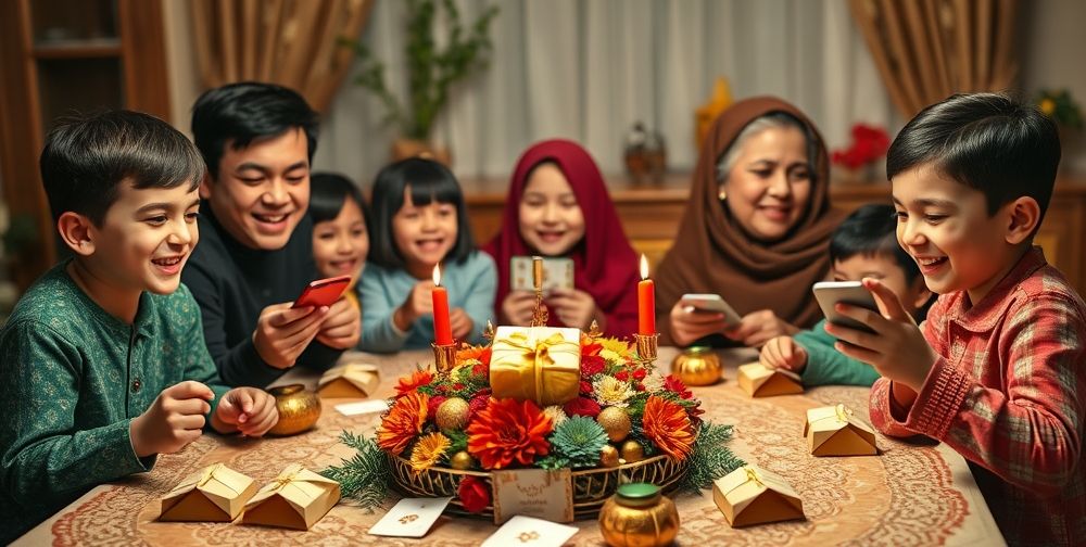 A festive Iranian family gathering around a table decorated with colorful Haft-Seen items and small digital gift card envelopes, children smiling as they receive digital presents on their smartphones.