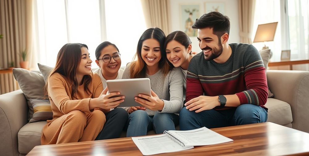 Young Iranian family at home, gathered around a tablet, smiling as they activate a digital gift card for an online purchase. Modern living room setting, cheerful mood, and a visible shopping checklist on paper.