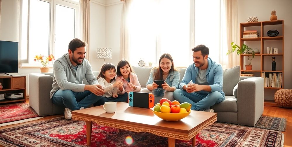 A cheerful modern Iranian living room where a family of four (two adults, two children) are sitting together playing Nintendo Switch on the coffee table. The scene includes Persian carpets, a bowl of fruit, and vibrant, natural daylight highlighting their smiling faces.