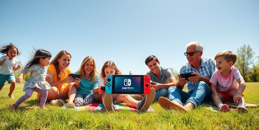 A group of friends and parents outdoors in a scenic park, playing Nintendo Switch together on a picnic blanket. The setting shows a blue sky, green grass, playful children, and the console screen in focus, emphasizing togetherness and fun.