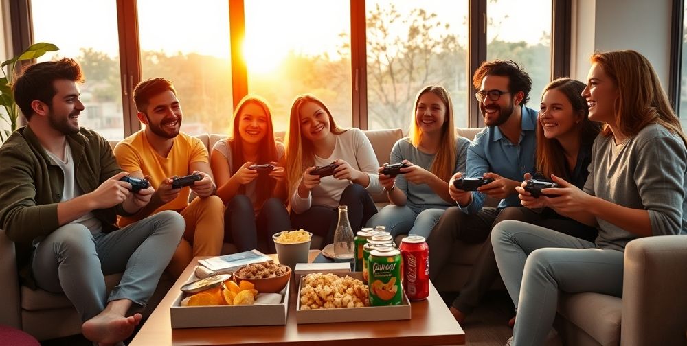 A modern living room scene at golden hour, where a group of young men and women sit together sharing PlayStation controllers, snacks on the table, everyone smiling as they discuss strategies and bond over cooperative gameplay.