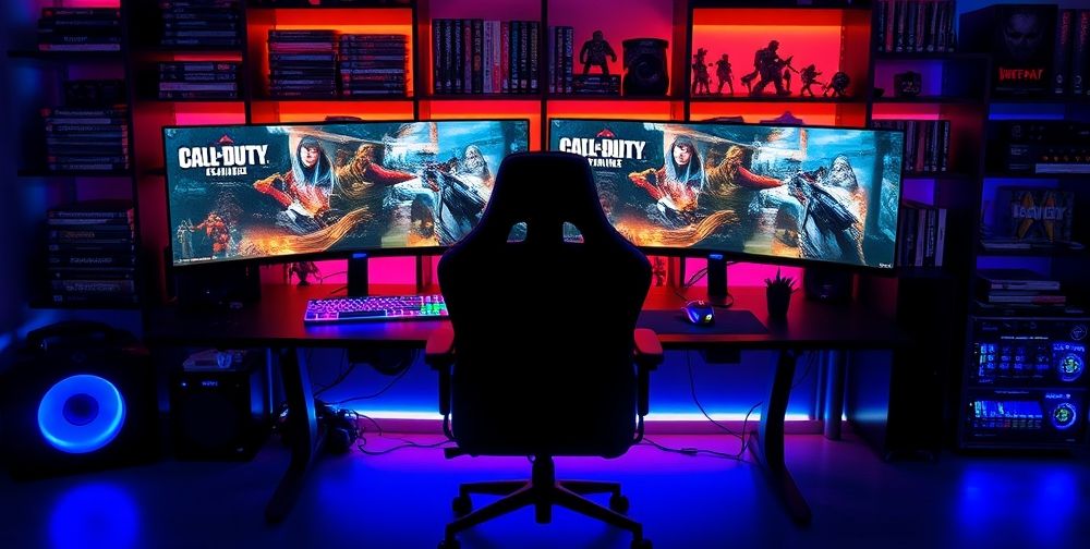 A powerful desktop PC setup with dual widescreen monitors, illuminated RGB keyboard and mouse, a gaming chair, and a first-person shooter game on-screen. The background includes shelves stacked with popular game titles and collectible figures.