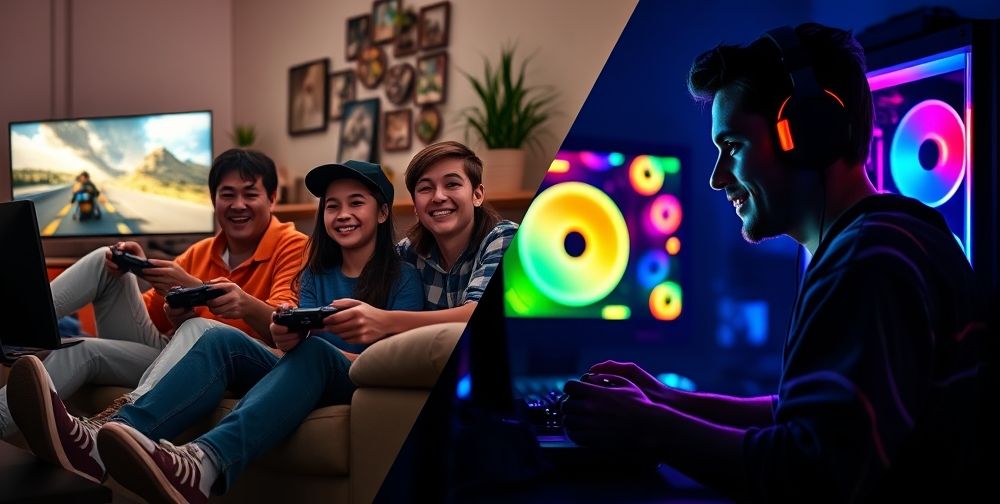 A clear split image: on one side, a family gathered around a TV playing with game controllers; on the other, a solo gamer with headphones at a desktop PC filled with RGB lights, emphasizing the social and solitary gaming experiences.