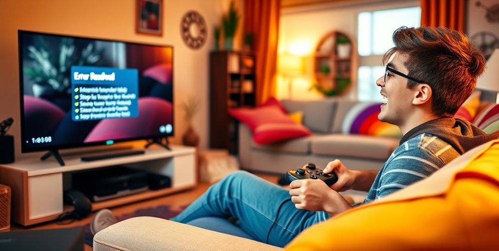 A young adult is happily gaming on their Xbox in a colorful living room, with the TV showing a message "Error Resolved" and a checklist of applied troubleshooting steps. The room has visible gaming accessories and a relaxed, cozy vibe.