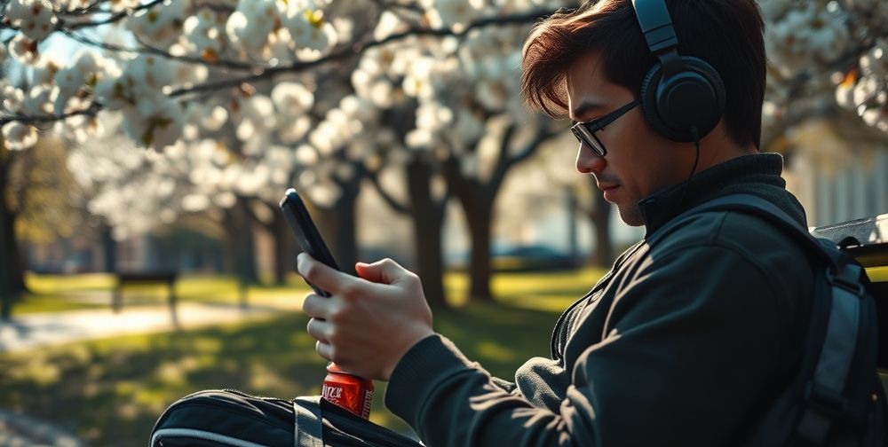 An atmospheric closeup of a mobile gamer intensely playing an action game solo on a park bench, sunlight filtering through spring trees, with headphones, a backpack, and energy drink nearby.