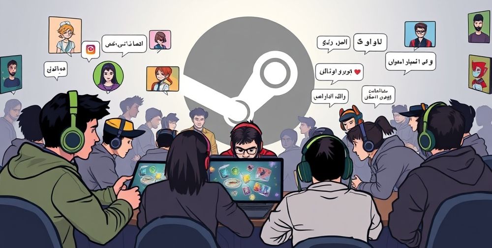 A lively scene of an online Persian gaming community forum, with avatars, game art, chat bubbles in Farsi, pinned tips, and gamers collaborating on game strategies, set against a backdrop of a stylized Steam logo.