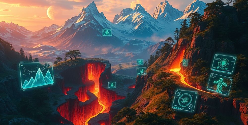 A vibrant in-game scene: a fantasy landscape with various biomes—lava caves, icy mountains, dense forests—visibly morphing in real time, while digital overlays show AI algorithms constructing new pathways, enemy placements, and challenge areas dynamically responding to a digital player character’s actions.