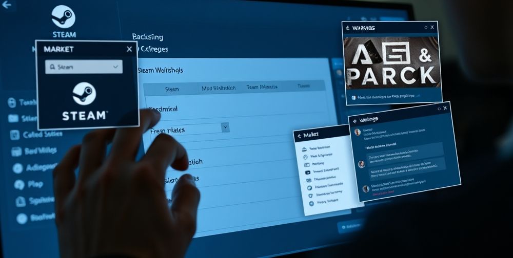 A close-up view of a person’s hands adjusting advanced Steam settings on a screen, with pop-ups for Steam Workshop, Market, and chat overlay visible, illustrating in-depth user control.