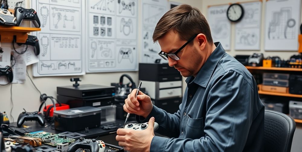 A technician in a neat workspace carefully repairing an Xbox controller circuit board with precision tools, surrounded by spare gaming hardware, diagrams pinned to the wall, and a focus on expertise and care.