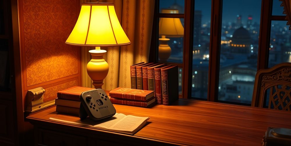 A detailed cozy Persian study room at night, soft yellow table lamp illuminating a Nintendo Switch console beside Persian books, with a gentle glow reflecting on polished wood. Outside the window, city lights and a hint of adventure.
