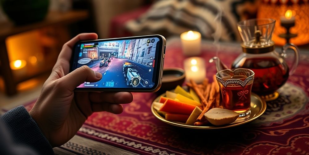 A close-up of someone holding a high-end smartphone in hands, intense action gameplay visible on the screen, Persian tea and snacks on a patterned table beside, cozy home lighting in background.