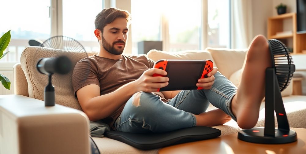 A gamer sitting in a brightly lit living room, holding a Nintendo Switch. Nearby, a small fan and cooling pad are visible, showing a real-world setup for preventing overheating. The mood is proactive and relaxed.