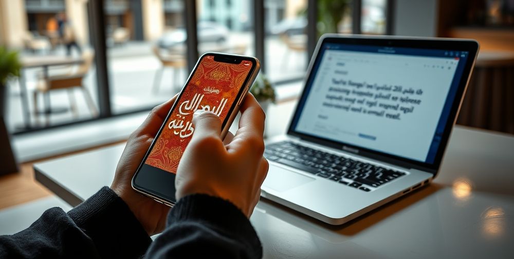 A close-up of a person’s hands holding a smartphone displaying a vibrant digital gift card with Persian text, beside an open laptop showing an email composed with a heartfelt personal note, set on a modern urban café table.