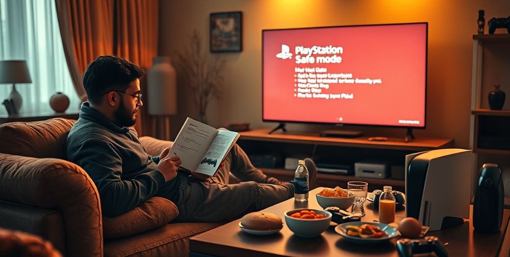A detailed, realistic setup showing a Persian gamer in a cozy living room, studying an open PlayStation user manual with their PS5 and TV screen displaying a safe mode menu, snacks and drinks on the table, conveying troubleshooting at home.