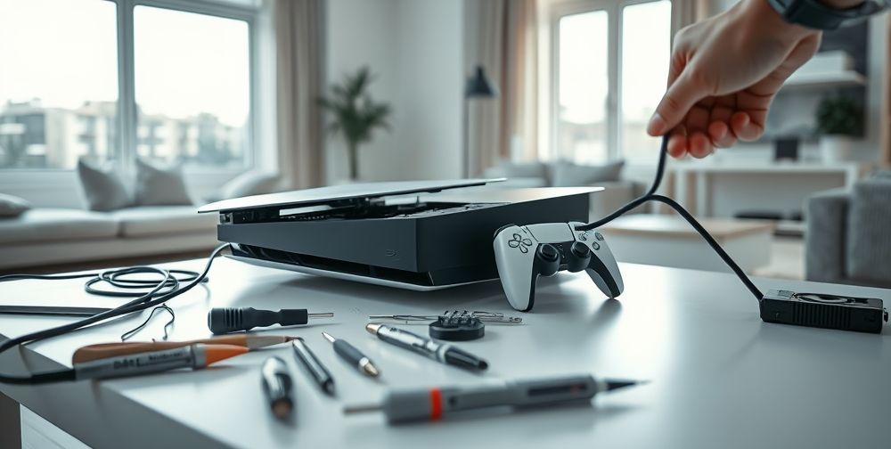 A detailed, close-up shot of a PlayStation 5 console on a desk with open casing, surrounded by tools, next to a user’s hand holding the power cable, showing a repair attempt in a modern living room.