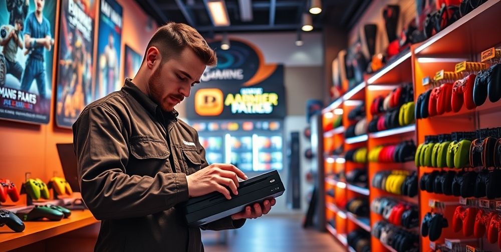 A cozy gaming shop interior, with a technician in branded overalls examining a PlayStation console under good lighting, shelves lined with video game accessories and colorful posters.