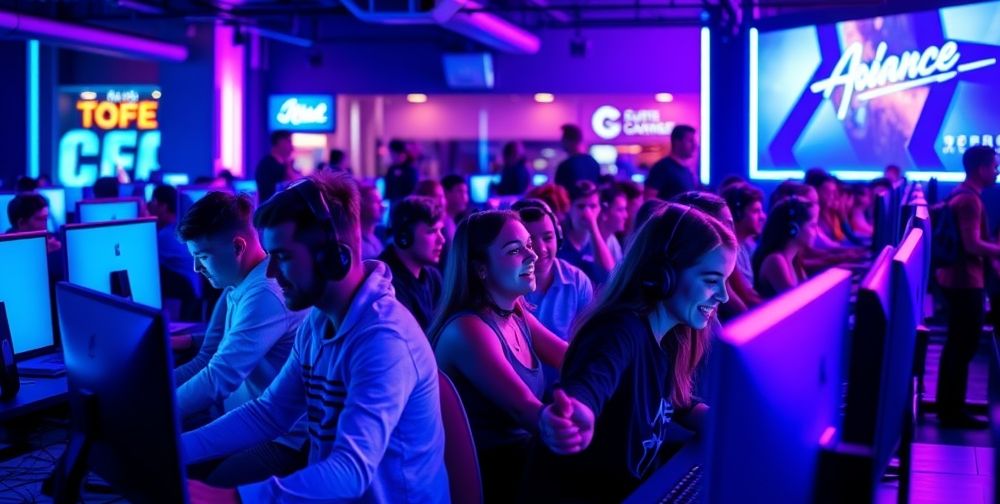 A dynamic, modern gaming cafe full of young adults at glowing computer stations, lit by neon blue and purple ambient lighting, with visible emotional immersion and joy on their faces, illustrating social connection and virtual escape.
