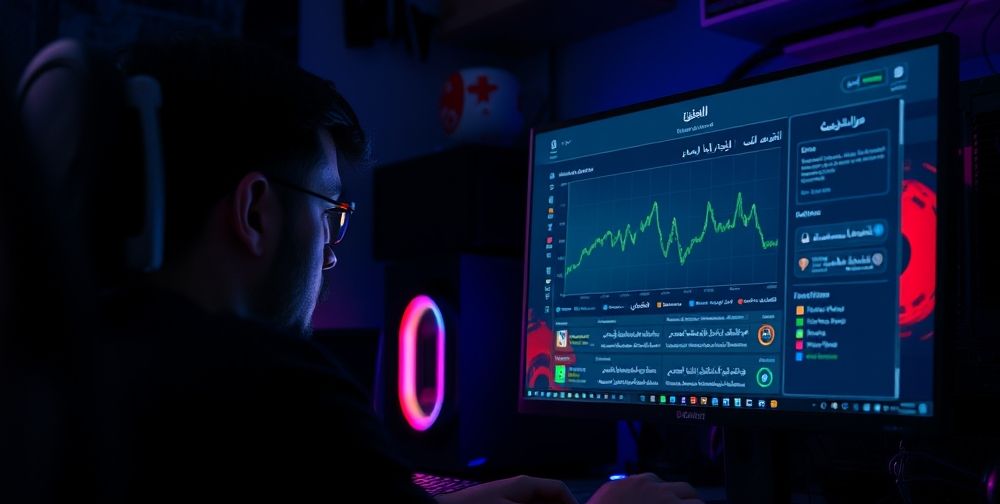 An Iranian gamer focused at dusk, surrounded by RGB-lit hardware, monitoring network latency graphs on the screen, with tips and settings panels open in Persian, reflecting a technical and immersive atmosphere.