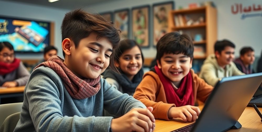 An engaging scene of Iranian students in a modern classroom playing an educational video game based on Persian history, with vibrant digital interfaces and enthusiastic expressions on their faces.