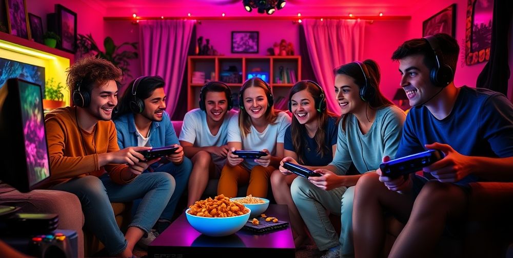 A dynamic scene showing teenagers and adults playing an online multiplayer game together in a cozy living room, surrounded by gaming consoles, LED lights, snacks, and headsets, laughter in the air.