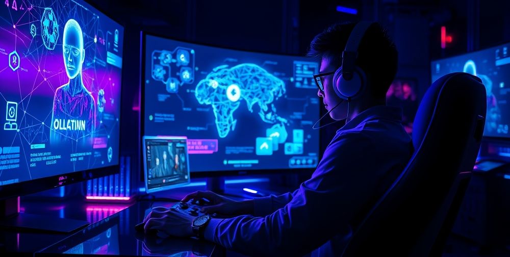A high-resolution image showing a gamer playing a modern console game, surrounded by digital holograms of AI algorithms, neural network connections, and smart NPC characters on screens, in a dark futuristic room.