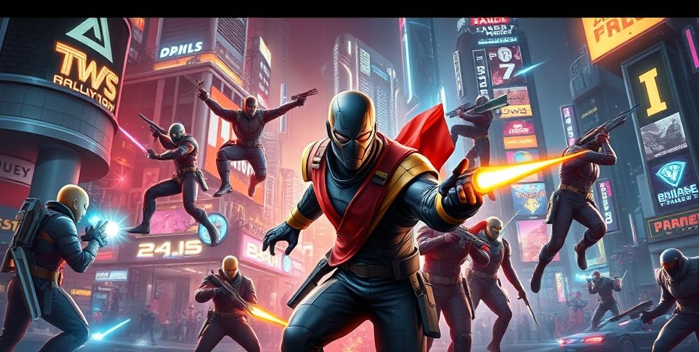 A dynamic digital collage featuring iconic video game characters displaying intelligent behaviors, an urban game city bustling with AI-driven NPCs, and dramatic lighting highlighting action and decision-making moments.