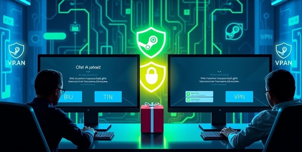 A secure digital environment with Persian gamers exchanging Steam gifts online, two screens displaying successful gift delivery notifications, and elements like digital trust badges and VPN connections visible.