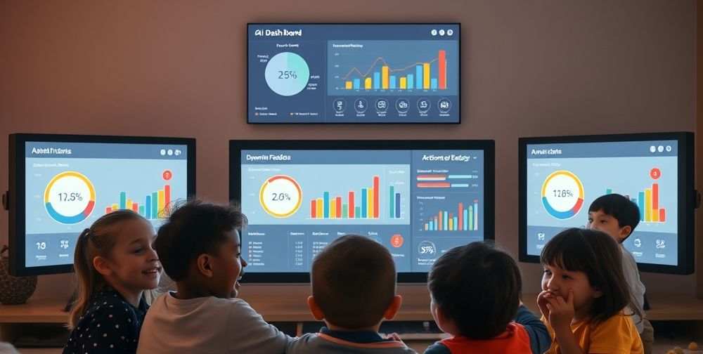A thoughtfully designed user dashboard analyzes a child’s ongoing progress through AI-driven graphs and feedback, with diverse children and parents gathered around screens, expressing curiosity and satisfaction under a warm, inviting light.