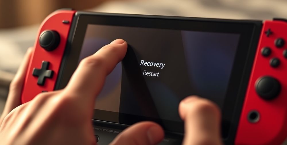 A close-up of a Nintendo Switch screen displaying a recovery menu, with a user’s finger about to select “Restart” while another hand holds the console gently, emphasizing the troubleshooting process. The lighting is warm and reassuring.