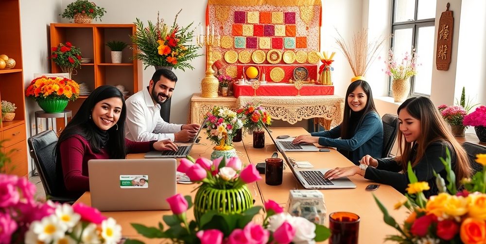 A cozy Persian office during Norooz festivities, employees cheerfully receiving digital gift cards via email on laptops, spring flowers, and Haft Seen table in background.