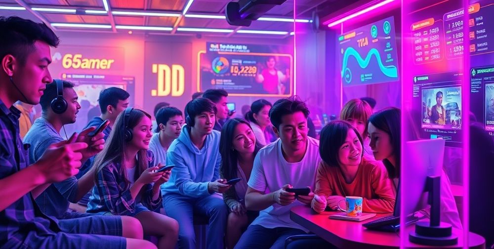 A vibrant scene showing gamers of different ages and cultures gathered in a futuristic gaming lounge, interacting with advanced holographic AI assistants, screens displaying player stats and real-time game optimization, and digital leaderboards.