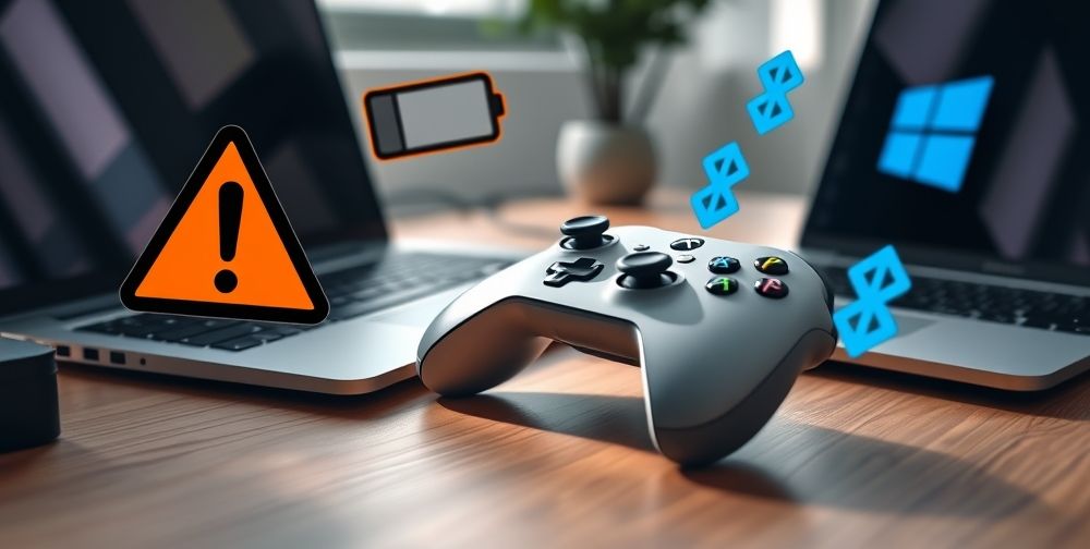 A close-up of the Xbox Series X controller on a desk next to a Windows laptop, with troubleshooting icons floating, such as a warning sign, battery symbol, and Bluetooth connectivity symbol, to illustrate common issues and solutions.