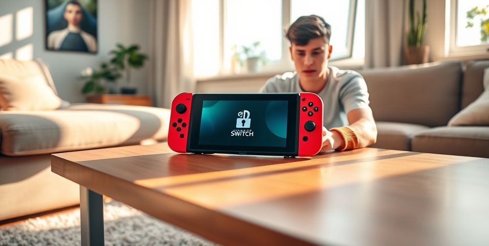 A modern living room with a Nintendo Switch on a wooden table. The screen shows a lock icon and a "no connection" Wi-Fi symbol, while a confused teenager looks at the device, sunlight casting soft shadows through a window.