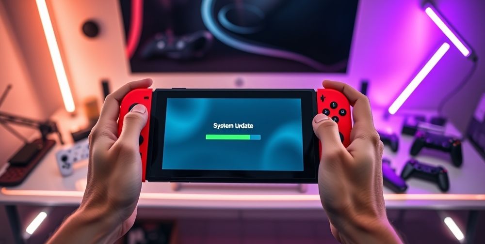 A focused shot of hands holding a Nintendo Switch, with a visible console screen displaying system update progress. Background features a modern desk with gaming accessories, and soft LED lighting creating a tech-driven atmosphere.