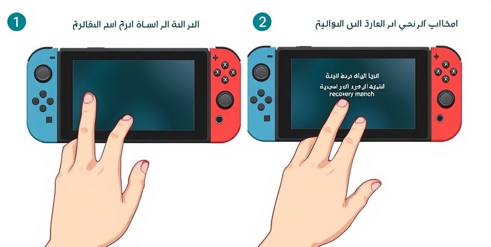 A step-by-step visual guide showing hands operating a Nintendo Switch console, performing a forced reset and navigating the recovery menu, with overlay instructions in Farsi.