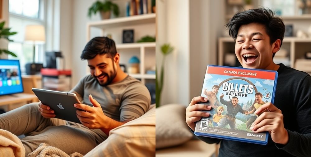 A split image: on one side, a gamer in a cozy room playing an iPad game, surrounded by update notifications and app icons; on the other, a person unboxing a new console exclusive game, holding the game cover with excitement. Both sides show joy but in different gaming contexts and environments.