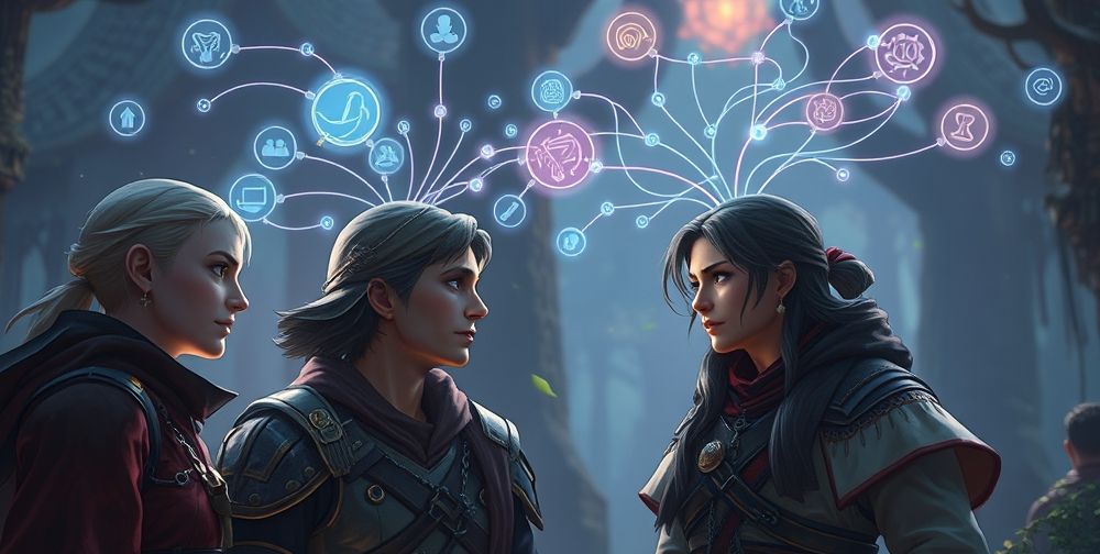 An immersive fantasy RPG setting where characters communicate through advanced voice recognition AI, with dynamic dialogue trees visualized as holographic flows above conversation participants. Show expressive character faces reacting to spoken inputs.