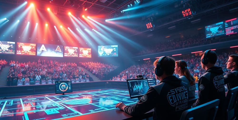 A dynamic esport tournament with vibrant digital crowd overlays, anti-cheat AI monitors in futuristic control rooms, real-time data analytics dashboards glowing, showcasing cyber protection, fair play, and community management in a modern online game setting.